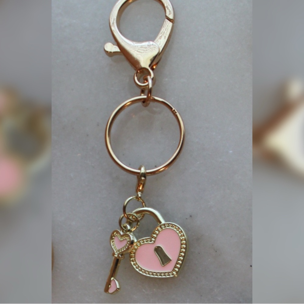 Pink Heart Lock & Key Keychain Bag Charm with Keyring Gold